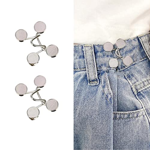 Qeuly 2 Sets Pant Waist Tightener Instant Jean Buttons for Loose Jeans Pants Clips for Waist Detachable Jean Buttons Pins No Sewing Waistband Tightener(Silver)