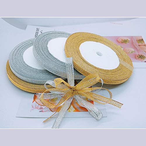 4 Roll Glitter Metallic Ribbon,Gold Silver Glitter Ribbon for Gift Crafters Wedding Party Birthday Wrap Hair Bows Floral Projects Wrapping Decorations DIY Crafts Arts(1/4inx22m)