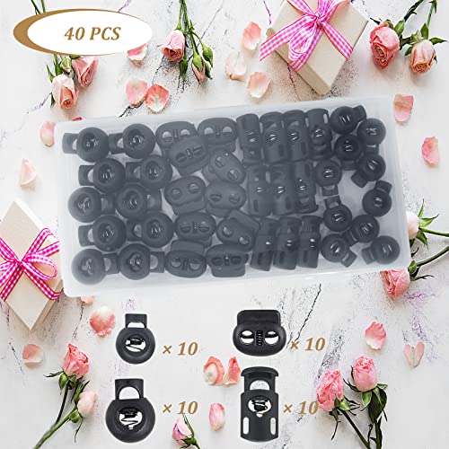 40Pcs Cord Lock, Plastic Cord Locks for Drawstrings, Black Spring Toggle Stopper with 4 Sizes, Elastic Cord Adjuster Shoelace Fastener Lock for Drawstring, Paracord, Shoelaces, Clothing and Bags