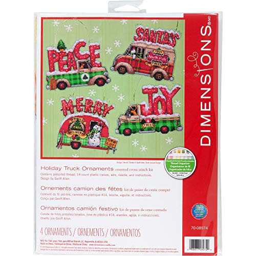 Dimensions Holiday Truck Christmas Ornaments Counted Cross Stitch Kit for Beginners, 14 Count Plastic Canvas, 4pc