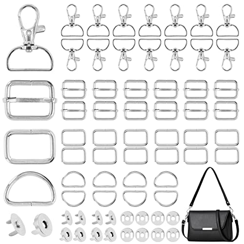 Rustark 100Pcs Purse Hardware Buckles Crafting Set Includes Keychains with Swivel Clip Hook, Slide Buckles, D-Ring Metal Buckle, Button Clasps Closures for Sewing, DIY Craft, Handbag, Purses (Silver)