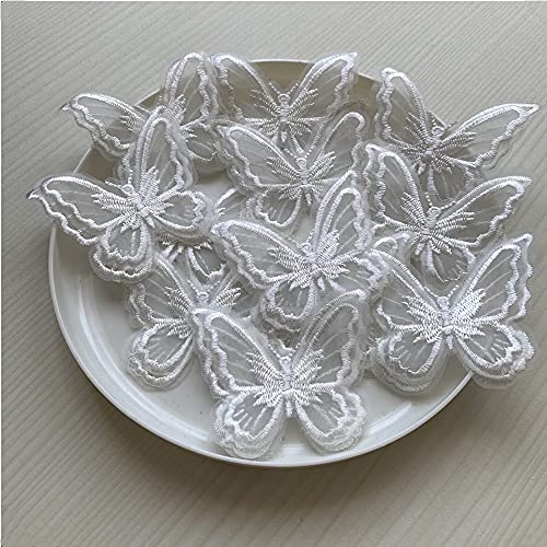 12pcs Butterfly Lace Trim, Double Layers Organza Butterfly Lace Fabric Embroidery Sewing Lace DIY Craft Butterfly Decor Applique Patches for Wedding Bride Hair Accessories Dress Curtain (White)