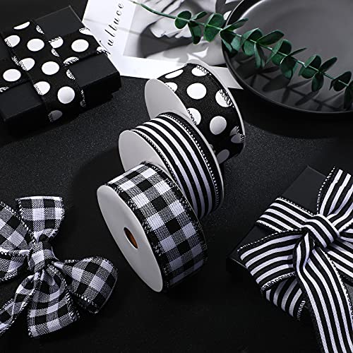 3 Rolls Black White Wired Edge Ribbons Buffalo Check Plaid Wrapping Ribbons Black White Striped Grosgrain Ribbons Black Polka Dot Ribbons with White Dots for DIY Crafts Decor, 1.5 Inches x 10 Yards