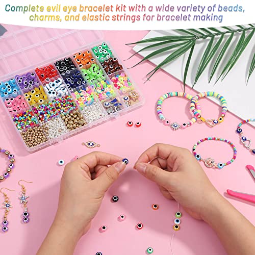 Acejoz 2702 Pieces Evil Eye Bracelet Making Kit, Bracelet Making Kit with Evil Eye Beads, Evil Eye Charms, Clay Beads, Gold Beads, Glass Seed Beads and Elastic String for Bracelets