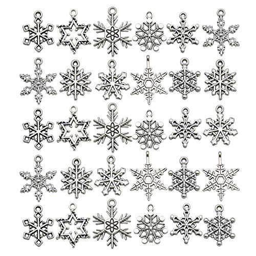100g (About 90pcs) Craft Supplies Antique Silver Christmas Snowflake Charms Pendants for Jewelry Making Crafting Findings Accessory for DIY Necklace Bracelet (M364)