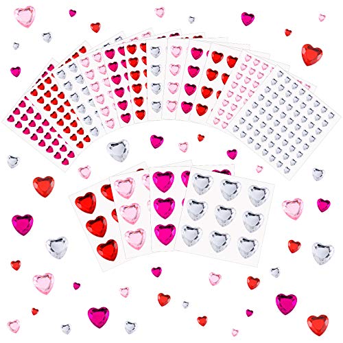516 Pieces Acrylic Heart Gems Rhinestone Sticker Heart Crystal Gems Sticker Self-Adhesive Rhinestone Sticker Flat Back Heart Rhinestones for Wedding Decoration DIY Crafts Jewelry Making