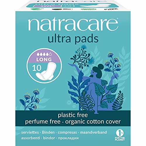 Natracare Slim Fitting Ultra Pads with Wings, Long, Made with Certified Organic Cotton, Ecologically Certified Cellulose Pulp and Plant Starch (1 Pack, 10 Pads Total)