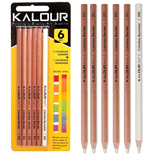 KALOUR Colorless Blender and Burnisher Pencils Set,Non-pigmented, Wax Based Pencil,perfect for Blending Softening Edges,ideal for Colored Pencils,Art Supplies for Artists Beginners(6 Pencils Total)