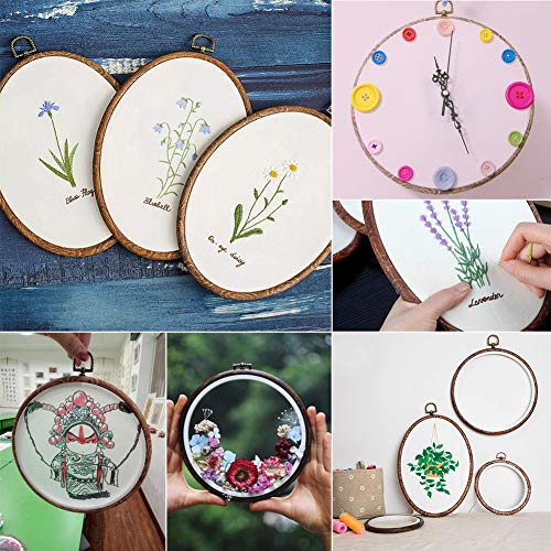 4 Pack Embroidery Hoop Ring, Imitated Wood Display Frame Circle and Oval Embroidery Kits with 30 Pieces Large Eye Embroidery Needles, Quilting Hoop and Cross Stitch Supplies for Sewing and Wall Hang