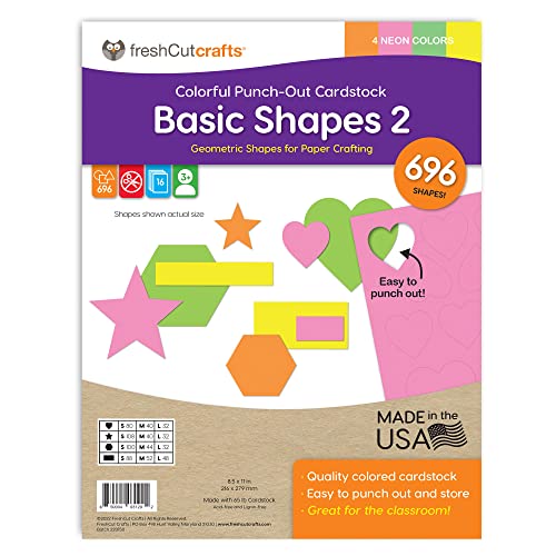 FreshCut Crafts | Basic Shapes 2 - Hearts, Stars, Hexagons, Rectangles, US Made Card Stock Punch Out Geometric Shapes for Math, Pattern Play and Crafting, 696 Shapes in 3 Sizes and 4 NEON Colors