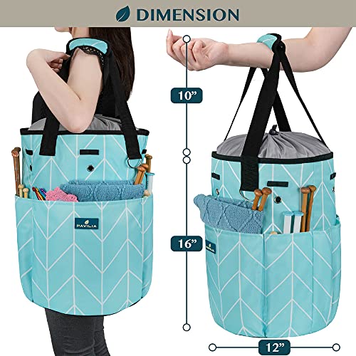 PAVILIA Knitting Bag Yarn Storage Tote - Crochet Organizer Bag, Yarn Storage Holder for Knitting Accessories, Yarn Skiens, Needles, Hooks, Unfinished Project, with Grommets (Chevron Teal)