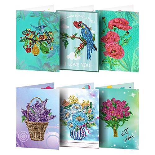 umbresen 6 Pack 5D DIY Special Shaped Diamond Painting Christmas Birthday Greeting Cards Creative Gift (Flower & Birds 6 Set)