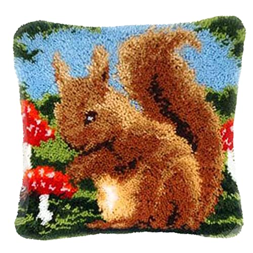 Gift2U Latch Hook Kit, Squirrel DIY Throw Pillow Cover Sofa Cushion Cover Latch Hook Rug Kit 16X16 inch Animal Pattern Paint Embroidery