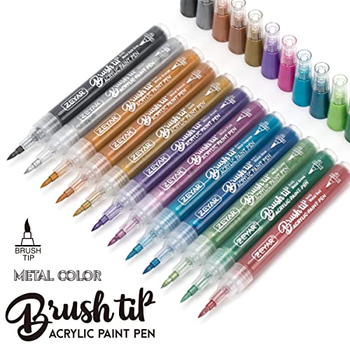 ZEYAR Acrylic Paint Pens, Brush Tip, Water based, Metallic Colors, Writes on Paper, Rock, Rubber, Ceramics, Wood, Glass and more (12 Metallic Colors)