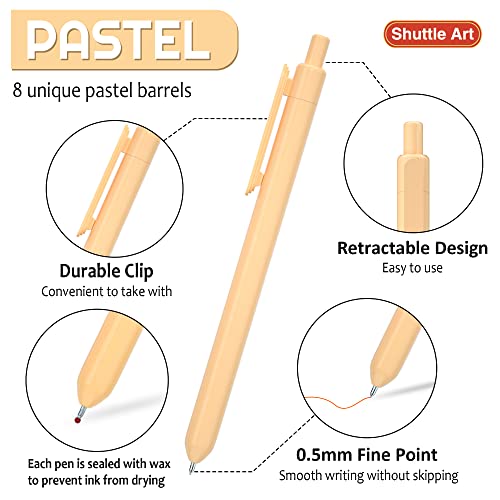 Shuttle Art Colored Retractable Gel Pens, 8 Pastel Ink Colors, Cute Pens 0.5mm Fine Point Quick Drying for Writing Drawing Journaling Note Taking School Office Home