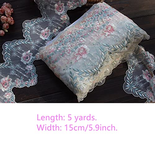 SuiGlory Vintage Lace Trim Ribbon, Blue Pink Embroidery Floral Sewing Lace Trim for Craft Sewing Wedding/Bridal Decoration Home Decoration Packaging (5Yards)
