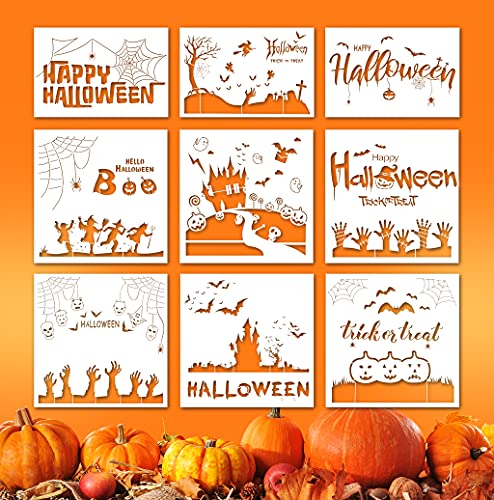 9PCS Halloween Stencils for Painting on Wood Wall Creative Patterns DIY Halloween Drawing Template Pumpkin Bat Decoration Crafts Stencils Perfect for Halloween Party