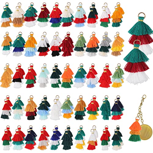 100 Pieces Tiny Tri Layered Keychain Tassels Mini Tassels for Craft Jewelry Making Colorful Keychain DIY Keychain Small Tassels with Jump Ring for Earring Bag Charm Pendant Bookmark (Christmas Color)