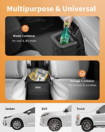 HOTOR Car Trash Can with Lid and Storage Pockets, 100% Leak-Proof Car Organizer, Waterproof Car Garbage Can, Multipurpose Trash Bin for Car - Black