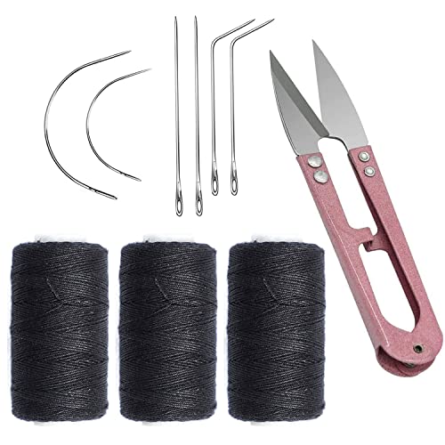 Weaving Needle and Threads Set 3 Rolls Black Thread with 6 Pieces C/J/I Shaped Stainless Steel Needle and 1pc Sewing Scissors for Hand Sewing Hair Weave Extensiond and Lace Wig DIY