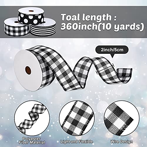 3 Rolls Black White Wired Edge Ribbons Buffalo Check Plaid Wrapping Ribbons Black White Striped Grosgrain Ribbons Black Polka Dot Ribbons with White Dots for DIY Crafts Decor, 1.5 Inches x 10 Yards