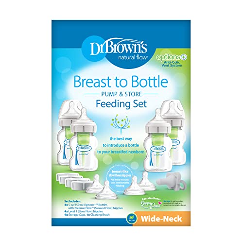 Dr. Brown’s Natural Flow® Anti-Colic Options+™ Wide-Neck Breast to Bottle Pump & Store Feeding Set with Slow Flow Nipples, Baby Bottle Travel Caps and 100% Silicone HappyPaci™ One-Piece Pacifier