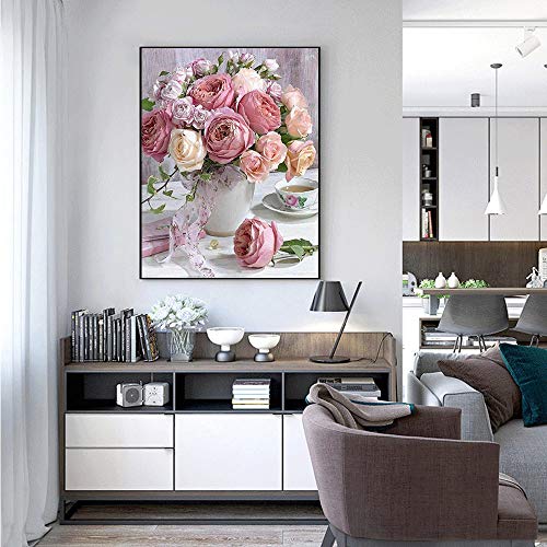 Kimily DIY Paint by Numbers for Adults Kids Pink Rose Paint by Numbers DIY Painting Roses Acrylic Paint by Numbers Painting Kit Home Wall Living Room Bedroom Decoration Pink Rose Flowers in Vase