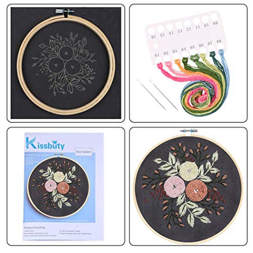 Full Range of Embroidery Starter Kit with Pattern, Kissbuty Cross Stitch Kit Including Stamped Embroidery Fabric with Floral Pattern, Bamboo Embroidery Hoop, Color Threads and Tools Kit (Pretty Roses)