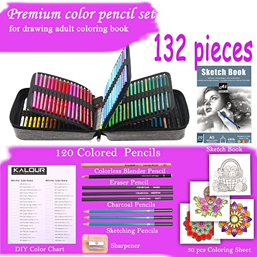 KALOUR 132 Colored Pencils Set,with Adult Coloring Book and Sketch Book,Artists Colorless Blender,Zipper Travel Case,Soft Core,Ideal for Drawing Sketching Shading,Art Supplies for Beginners Kids