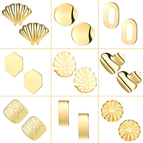 36 Pieces/ 18 Pairs Gold Plated Earring Posts with Loop Hole Ear Studs Kit Including Palm-Leaf Shaped Flower Shell Ear Pad Base Posts Heart Hollow Rectangle Hexagon Shapes for Jewelry Earrings Making