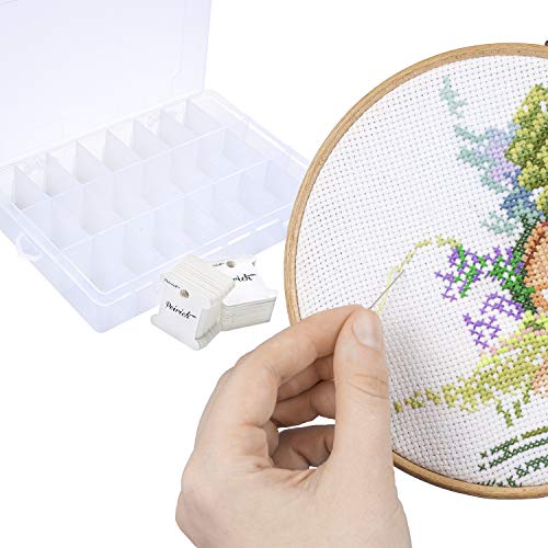 Peirich Embroidery Floss Organizer Box - 24 Compartments with 100 Hard Floss Bobbins and 459 Color Number Stickers