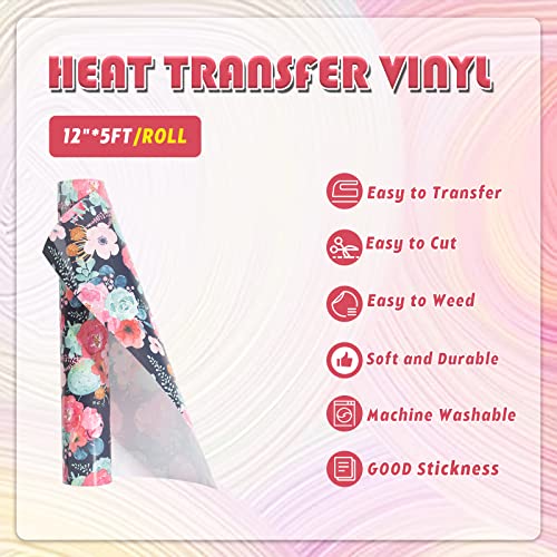 Tintnut Flower Heat Transfer Vinyl Roll - 12 Inch * 5ft Black Watercolor Rose Floral Pattern HTV Iron On Vinyl DIY T-Shirts Hats Clothes Canvas Bags for Cricut or Silhouette Cameo