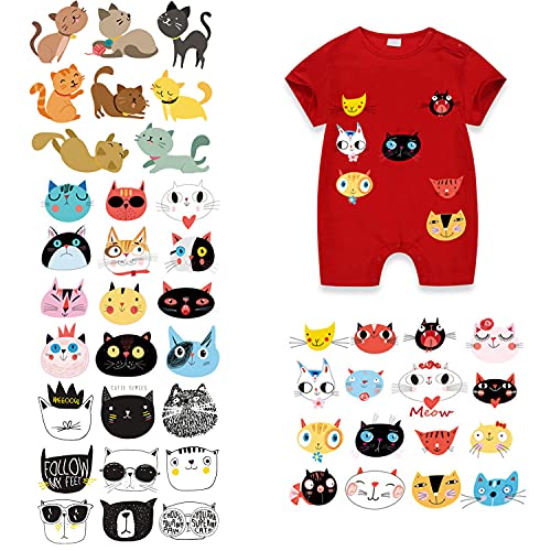 Cute Cats Iron on Transfers Patches Set 4 Pcs Heat Transfer Stickers Assorted Lovely Cat Design Iron on Appliques Animal Decal for Kids T-Shirts Bags Clothing DIY Decorations Garments Accessories