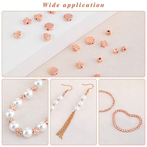 1200 Pieces Spacer Beads Set Star Beads Round Ball Beads Rondelle Faceted Spacer Beads Heart Beads Flower Beads Flat Disc Beads Loose Beads for Bracelet Earring Necklace Jewelry Making (Rose Gold)