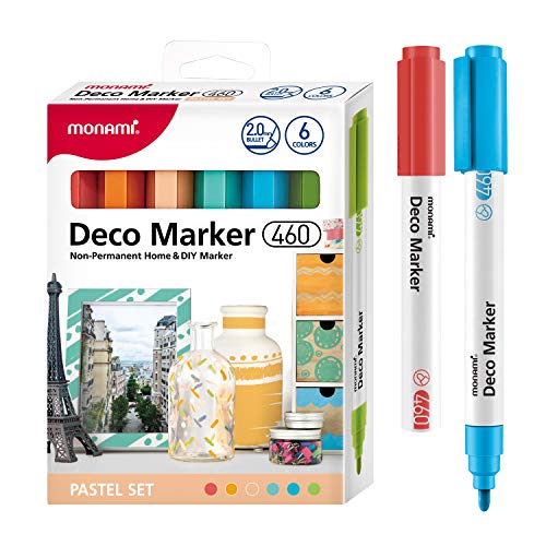 MONAMI Deco Marker 460, Bullet Tip (2.0mm), Water-Based Premium Acrylic Paint Markers for Home Decorations, Arts, Crafts, PASTEL 6-Pack (Coral, Golden Yellow, Pale Orange, Mint, Sky Blue, Light Green)
