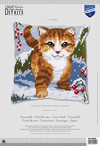 Vervaco Cross Stitch Embroidery Kits Pillow Front for Self-Embroidery with Embroidery Pattern on 100% Cotton and Embroidery Thread, 15,75 x 15,75 Inches - 40 x 40 cm, Cat Snow