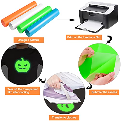 Glow in The Dark Vinyl Heat Transfer for Halloween, 12" x 10" PU Iron on HTV Vinyl Bundle Noctilucent Heat Press, Printable Halloween Glow Vinyl for Fall T-Shirts, Hats, Bags (4 Pack )