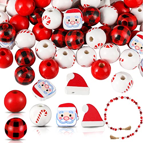 200 Pieces Christmas Wood Beads Round Wooden Beads for Crafts Polished Plaid Wood Beads Santa Christmas Hat Shape Craft Wooden Beads Rustic Farmhouse Craft Beads with Holes for Garlands DIY Crafts