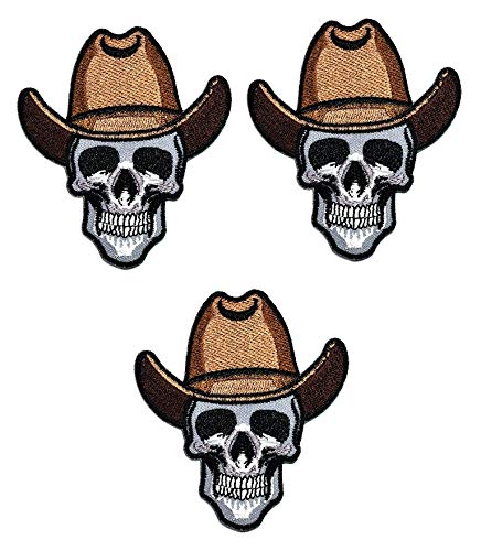Umama Patch Set of 3 Skull Halloween Retro Craft Fabric Skull Cowboy Western Cartoon Embroidered Applique Iron on Patch for Backpacks Jeans Jackets T-Shirt Clothing
