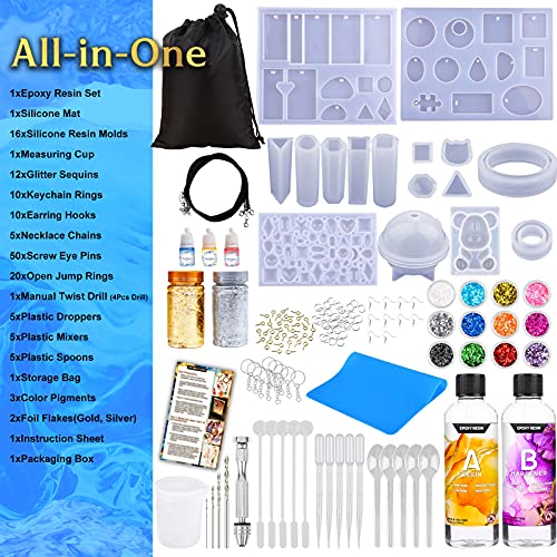Epoxy Resin Silicone Molds Starter Kit - All in One Office Home Decor Art Clear Craft Jewelry Making Kit with Storage Bag Plastic Spoons Gold Foil Flakes Keychain Necklace Supplies Beginners