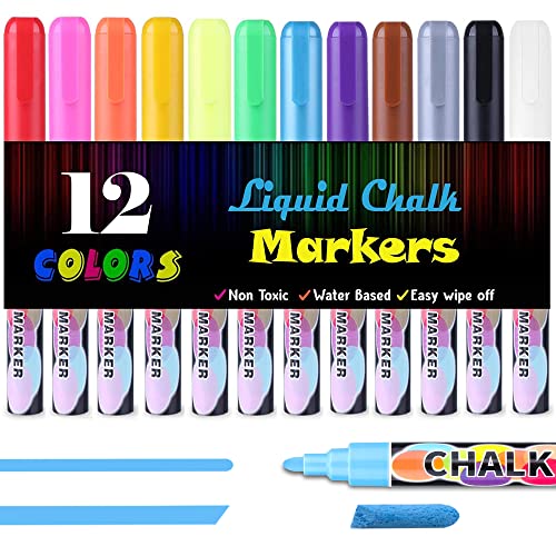 Aottom Liquid Chalk Markers, 12 Colors Erasable Fine Tip Chalkboard Markers Neon Chalk Pens for Blackboard Signs, Windows, Glass, Surfaces - Reversible 6mm Tip