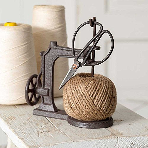 520057 Sewing Machine Jute Twine Ball String and Scissors Holder Set, Vintage Inspired Rustic Farmhouse Style, Gift for Sewer Sewist Crafter, Cast Iron Metal, Brown, 3 Piece Set (Sewing Machine)