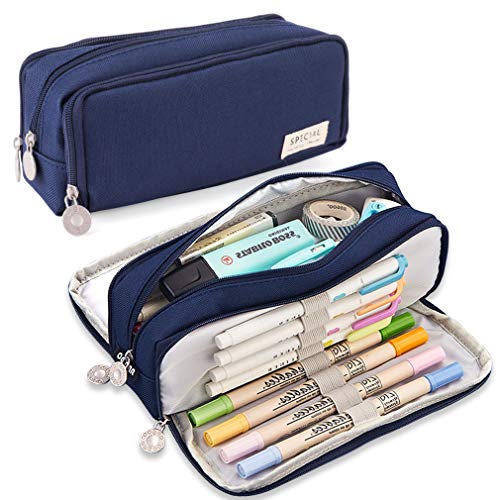 iSuperb Large Pencil Case 3 Compartments Pencil Pouch Big Capacity Pencil Bag Oxford Stationery Storage Pen Bag Cosmetic Makeup Pouch for Women (Navy Blue)