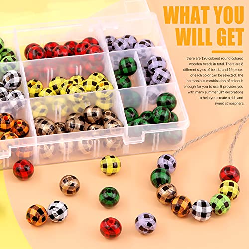 Rustark 120Pcs 16mm 8 Colors Buffalo Plaid Wood Beads Assortment Kit, Natural Craft Round Wood Beads with Holes Print Wooden Beads for DIY Crafts Garland Jewelry Making