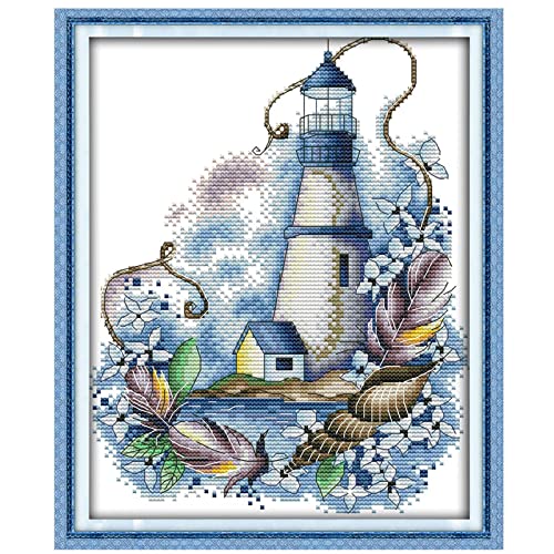 Cross Stitch Kits Stamped Full Range of Embroidery Kits for Adults DIY 14CT Cross Stitches kit Embroidery Patterns for Needlepoint kit-Blue Lighthouse 8.6x11.4 inch