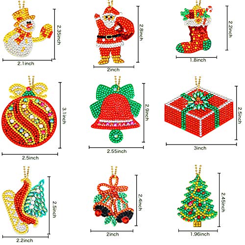 9 Pieces Christmas Diamond Key Chain Kits Double Sided Christmas Diamond Art Ornaments 5D Diamond DIY Painting Key Ring Pendant Christmas Tree for DIY Christmas Holiday Decor