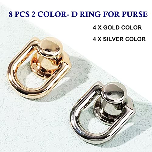 D Rings for Purse Hardware for Bag Making, 8 PCS Metal D Ring and Stud Screw, 360 Degree Rotatable D Rings for Purse, Bag Hardware, Dog Buckles, Purse, DIY Handcraft- Gold/Silver