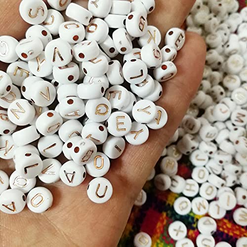 Amaney 1000pcs 7×4mm White Round Acrylic with Rose Gold Alphabet Letter Beads for Jewelry Making