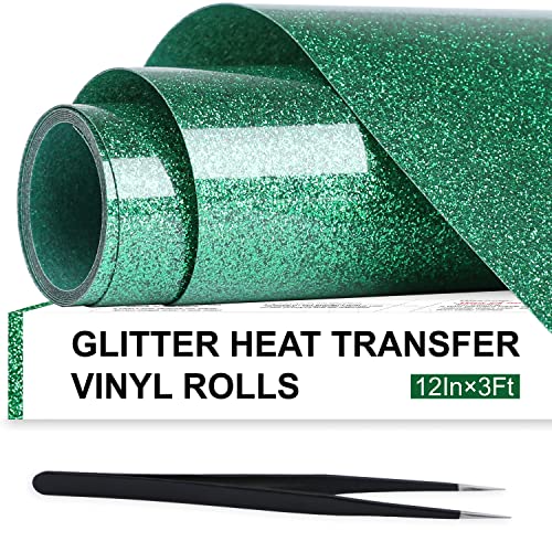 ARHIKY Green Glitter HTV Heat Transfer Vinyl Rolls - 12" x 3ft Green Glitter HTV Vinyl for Shirts, Glitter Iron on Vinyl for All Cutter Machine - Easy to Cut & Weed for Heat Vinyl Design (Green)
