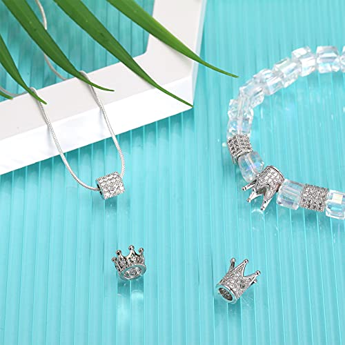 20 Pieces King Crown Charms Beads Hexagon Spacer Beads Set, Rhinestone Charm Hexagon Big Hole Bracelet Connector for DIY Jewelry Crafts Making Supply (Platinum, White Rhinestone)